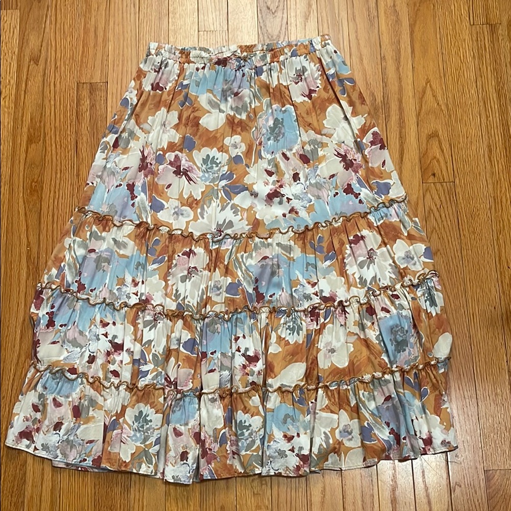 easel Floral Tiered Midi Skirt in Blue, Tan, Cream & Burgundy